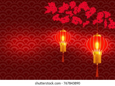 Chinese New Year. On the branchy blossoming red cherries. hanging red Chinese lantern. Vector illustration