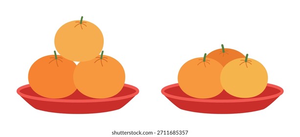 Chinesische Neujahr orange flache Vektorgrafik-Set.
Gestapelter chinesischer Silvester-Orangen-Clipart.
Chinesische Neujahrsorangen auf rotem Teller.
Weißer Hintergrund.