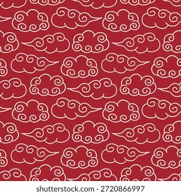 Chinesisches Neujahr Orientalische Wolken Linie Kunst auf Rot Vektor Nahtloses Muster Design