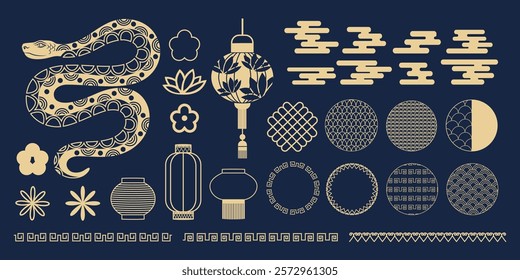 Chinese New Year.  Oriental geometric shapes. Chinese lanterns, frames, year of the snake, clouds, flowers. Traditional elements decoration in Chinese style. Ornament. Trendy modern design. Line art