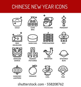 Chinese new year outline icons concept in modern style for web or print illustration