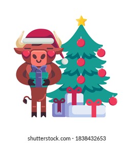Chinese New Year of the Ox 2021 flat icon, vector sign, Bull with gift box and new year tree colorful pictogram isolated on white. Symbol, logo illustration. Flat style design