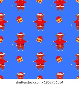 Chinese New Year of the ox. The bull is wearing a Santa Claus costume. Seamless pattern