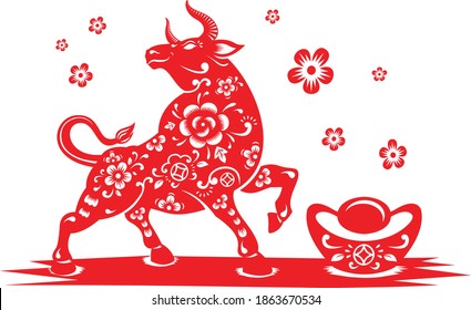 Chinese New Year Ox bull Paper cut. Year of OX. Chinese Oriental Papercut. Cherry Blossom.