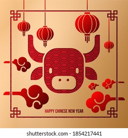 Chinese New Year Of Ox illustration. With cutout Ox head as main design, framed with lanterns and clouds. In red and gold colour.