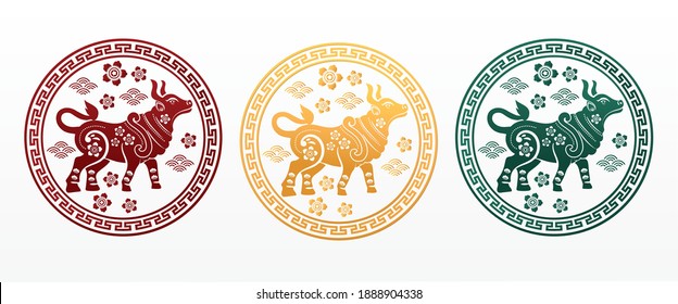 Chinese new year Ox symbol. Year of the ox character,flower and asian elements with craft style 
