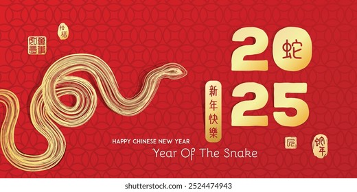 Chinese New Year with paper art design. text Translation: Happy  New Year, Left side image translation Everything is going smoothly, Right side translation year of snake.