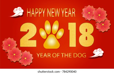 Chinese New Year paper art design with flowers, clouds and gold dog paw. 