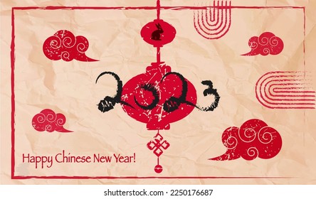 Chinese New Year paper card with Chinese Lantern and clouds, greeting card, banner with ink imitation, vector art.