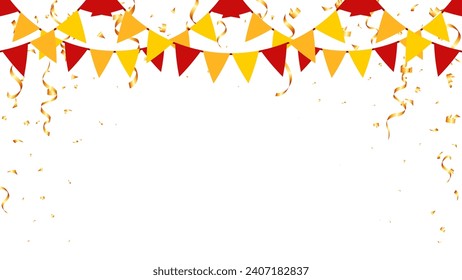 Chinese new year paper flags hanging and gold confetti for banner, card and frame congratulation