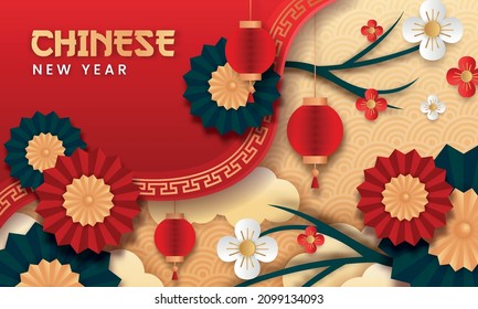Chinese new year paper style vector. Poster or banner using lanterns, umbrellas and flowers with the theme of Asian culture.  