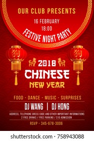 Chinese New Year party template with chinese lanterns. Design of template stylised as red envelope, traditional holiday gift in China. Characters on lanterns are means Dog. Vector illustration.