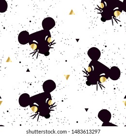 Chinese new year pattern with head of mouse and golden triangles on white background. Ornament for textile and wrapping. Vector.