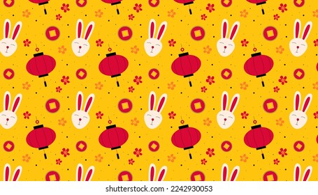 Chinese New Year. Pattern with a rabbit, Chinese lanterns, coins and flowers