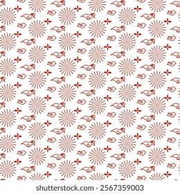 Chinese New Year Pattern with Red Bird and Flower Pattern. A Chinese New Year theme with repeating patterns of bird elements, flowers, and sunshine shapes in red.