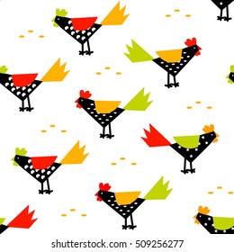 Chinese New Year pattern with  roosters and grain rice. Flat design. Vector background