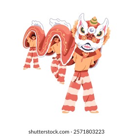 Chinese New Year performance, lion dragon dance. Festive traditional celebration in Asian costumes, puppet. Dancers in lunar holiday parade. Flat vector illustration isolated on white background