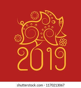 Chinese new year pig 2019 golden line on red background. Design chinese traditional zodiac  art decoration