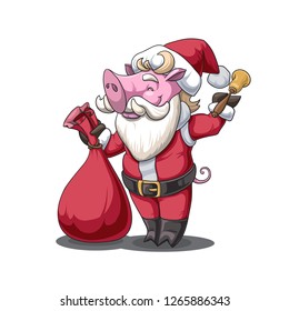 Chinese New Year of the Pig 2019. Vector illustration of cartoon style boar character in Santa Claus suit with bell and big red gift bag isolated on white background for your graphic and web design