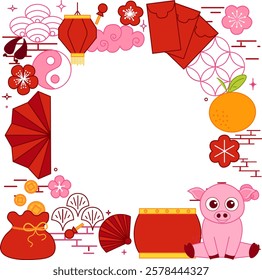 Chinese new year of pig 2031 vector graphic line square frame, New Year background material. pink pig, transparent background
