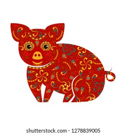 Chinese New Year pig with asian ornaments. Vector Illustration
