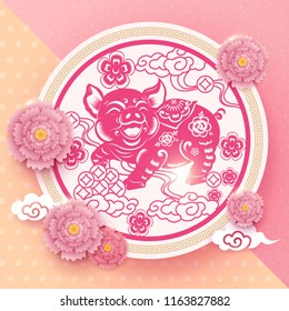 Chinese New Year of Pig Year pink peonies round oriental frame