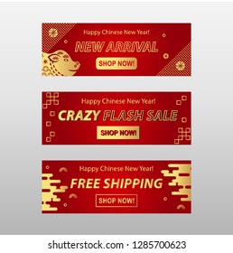 Chinese New Year, Year of the Pig. Set of three horizontal banners. 2019 New Year. Chinese Elements. Gold and Gradient Red Background. Vector illustration.