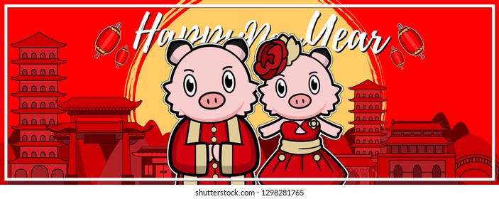 Chinese new year piglet cute cartoon family ,hand drawn illustration Year of the pig ,Pink Pig Lover vector for Valentine day , Character design animal boy and girl on website cover design Concept.