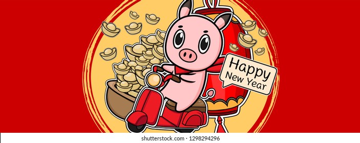 Chinese new year piglet cute cartoon,hand drawn illustration Pig riding on red motorcycle and china Gold ,Pink Pig Lover vector for Valentine day , Character design animal for website cover,timeline
