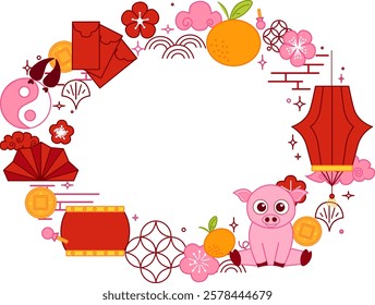 Chinese new year of pink pig 2031 oval frame template for your text. CNY lantern lunar festival related objects vector graphic illustration
