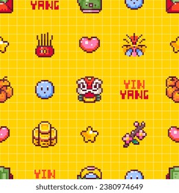 Chinese New Year Pixel Art Seamless Pattern. Coin stack, sakura blossom, burst explosion, dragon. Vintage 8 bit Lunar Festival Yellow Texture for Backgrounds, Wrapping, and Traditional Celebrations.
