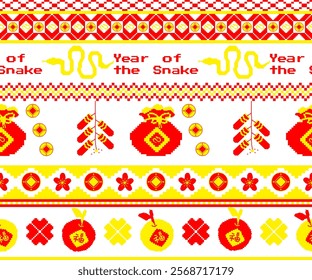 Chinese New Year Pixel Art Design with Red Envelopes, Gold Coins, and Festive Symbols