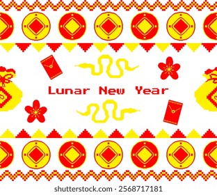 Chinese New Year Pixel Art Design with Red Envelopes, Gold Coins, and Festive Symbols