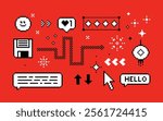 Chinese New Year pixel icon set. Y2k trendy bg. Mood of 90s aesthetics. 8 bit retro style vector illustration. Red background. Simple geometric form, arrow, symbol, snake. Game abstract elements