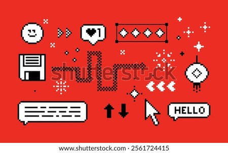 Chinese New Year pixel icon set. Y2k trendy bg. Mood of 90s aesthetics. 8 bit retro style vector illustration. Red background. Simple geometric form, arrow, symbol, snake. Game abstract elements
