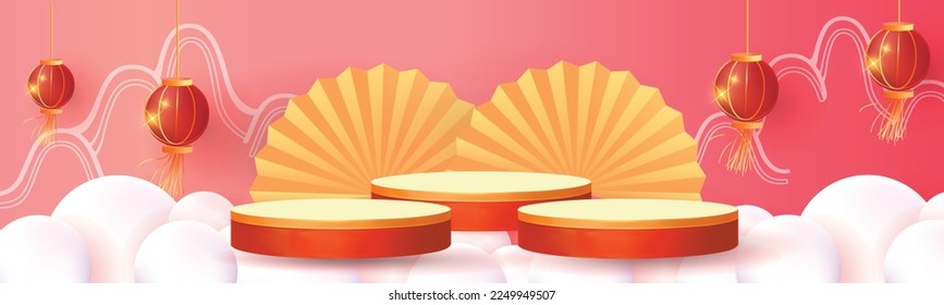 chinese new year podium red and gold background for show banner concept 