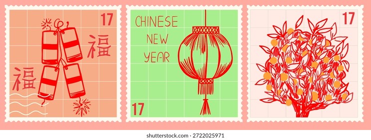 Carimbo de correio chinês de Ano Novo definido. Ilustração desenhada à mão com lanterna, foguetes e árvore de tangerina no fundo da grade