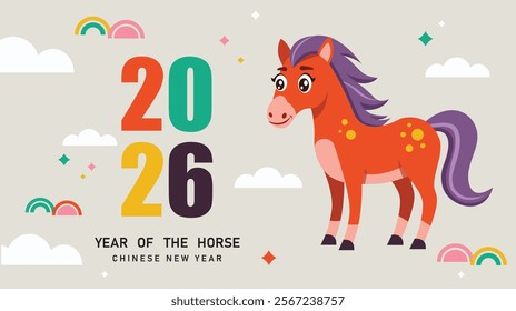 Chinese New Year postcard 2026, Year of the horse, Red horse illustrations, cards, banners. Red traditional Chinese vector designs with horse. Lunar new year concept, geometric modern vector