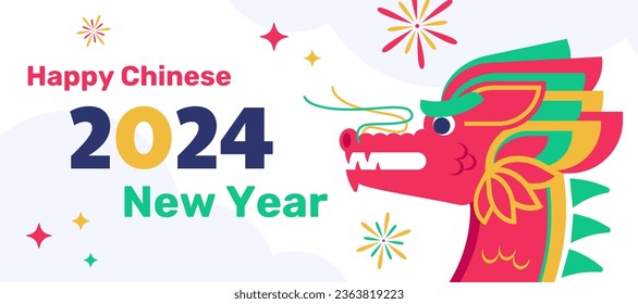 Chinese New Year postcard, banner, flyer with colorful flat dragon character, symbol of the year. Vector illustration.