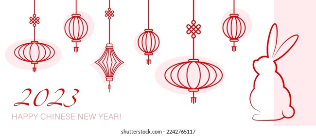 Chinese New Year postcard with rabbit and lanterns in a red line art, vector illustration, invitation card, greeting card with oriental zodiac sign.