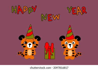 Chinese New Year postcard template with two tiger cubs. Perfect for poster, greeting card and prints. Hand drawn vector graphics illustration for decor and design. 

