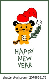 Chinese New Year postcard template with tiger in santa claus hat. Perfect for poster, greeting card and prints. Cartoon style vector graphics illustration for decor and design. 
