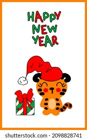 Chinese New Year postcard template with tiger and gift. Perfect for poster, greeting card and prints. Hand drawn vector graphics illustration for decor and design. 

