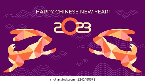 Chinese New Year postcard with two graphic rabbits and invitation, greeting card with zodiac Asian symbol of the year.