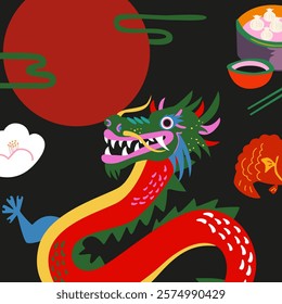 Chinese New Year poster art design. Asian folk traditions, lunar New Year, mythical dragon, Chinese cuisine, red moon. Asian festival art for banner design, wall decor, background, print