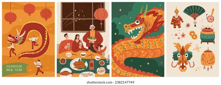 Afiche de Año Nuevo chino, dragón asiático y gente, ilustración de CNY. Decoración festiva con gente y lámpara oriental, cena navideña y dragón trae prosperidad y fortuna, petardos