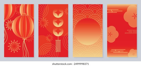 Conjunto de Vector de fondo de póster de año Nuevo chino. Diseño de tarjeta de lujo con linterna dorada, fuegos artificiales, flores, patrón chino. Ilustración oriental elegante para la cubierta, Anuncio, Sitio web, calendario, sobre.