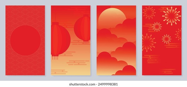 Chinesisches Neujahrsplakat Hintergrund Vektor-Set. Luxus-Kartendesign mit Laterne, Feuerwerk, Wolke, chinesischem Muster. Elegante orientalische Illustration für Cover, Banner, Website, Kalender, Umschlag.