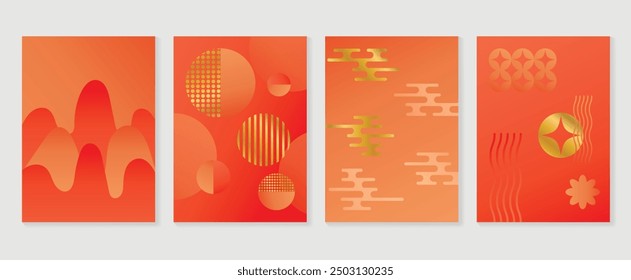 Chinese New Year poster background vector set. Luxury card design with golden chinese pattern, cloud, mountain. Elegant oriental illustration for cover, banner, website, calendar, envelope.