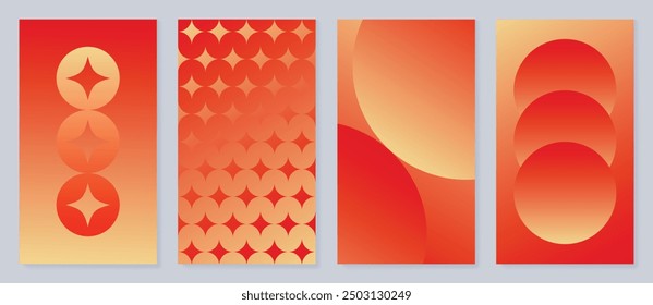 Chinese New Year poster background vector set. Luxury card design with coin, chinese pattern, geometric shape. Elegant oriental illustration for cover, banner, website, calendar, envelope.